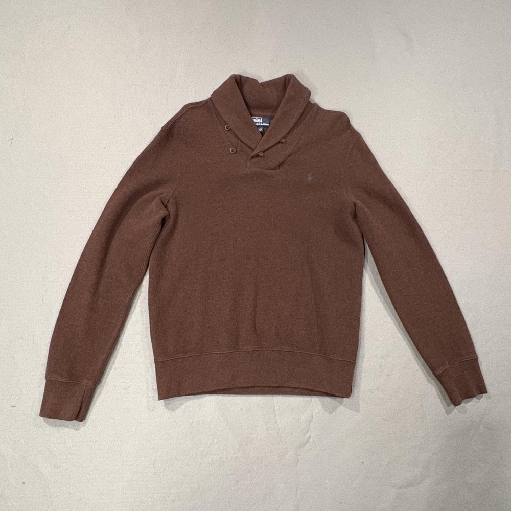 Polo Ralph Lauren Sweater Mens Medium Brown‎ Shawl Collar Cotton Pullover Logo